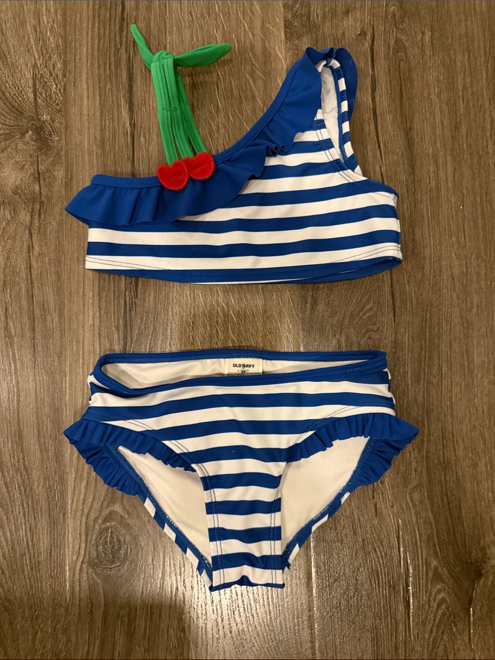 Old Navy Blue & White Striped Girls' Two-Piece Bikini with Cherry Accent